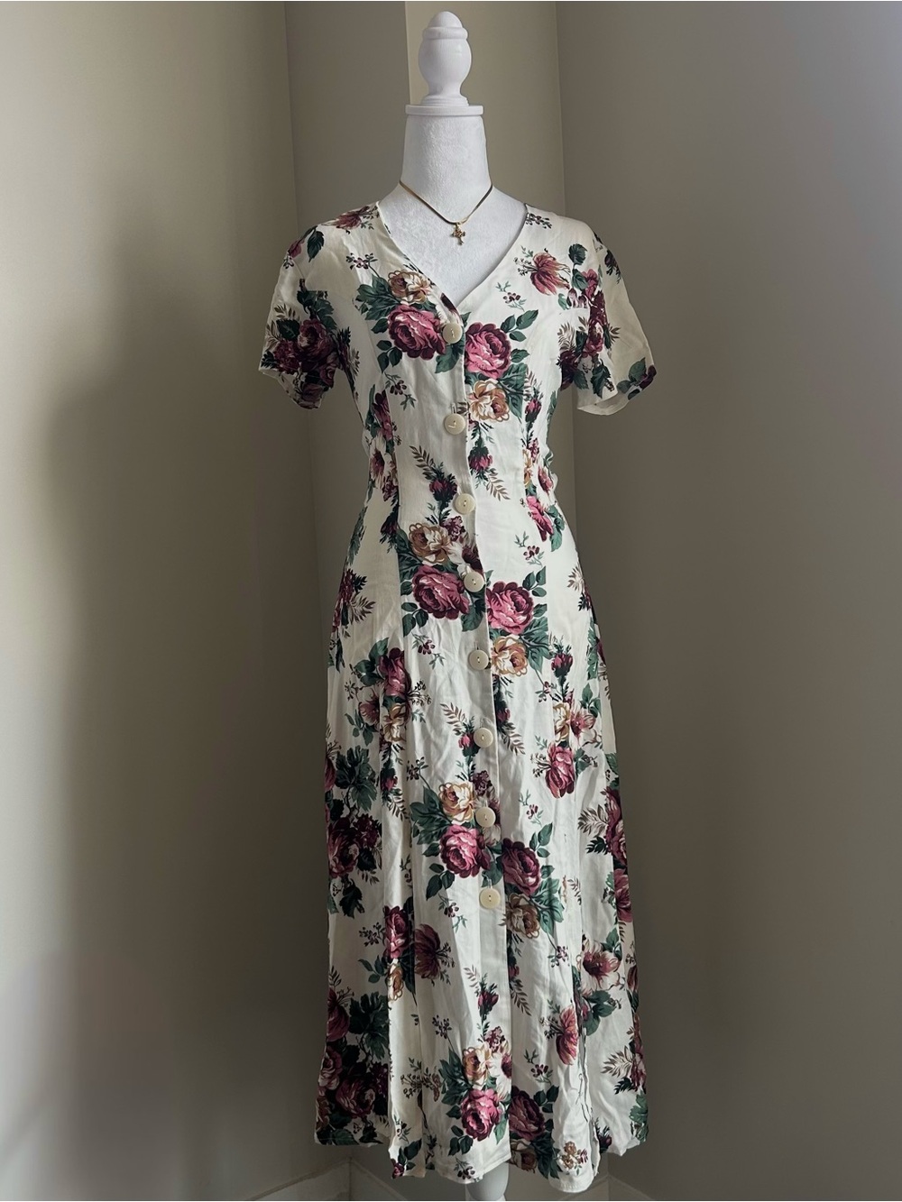 1990's Floral Button-Front V-Neck Maxi Dress